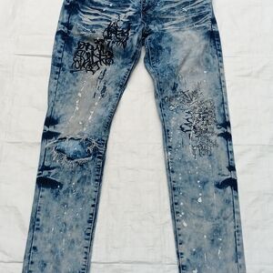 Rock Salt ( brand ) Distressed Acid Wash Slim Jeans with Graphic Detail